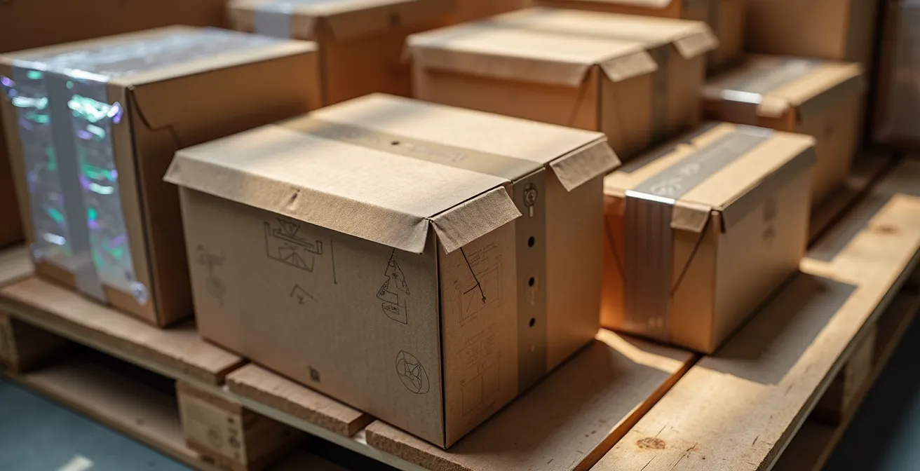 Palette logistique optimisée avec cartons de différentes tailles empilés de manière efficace
