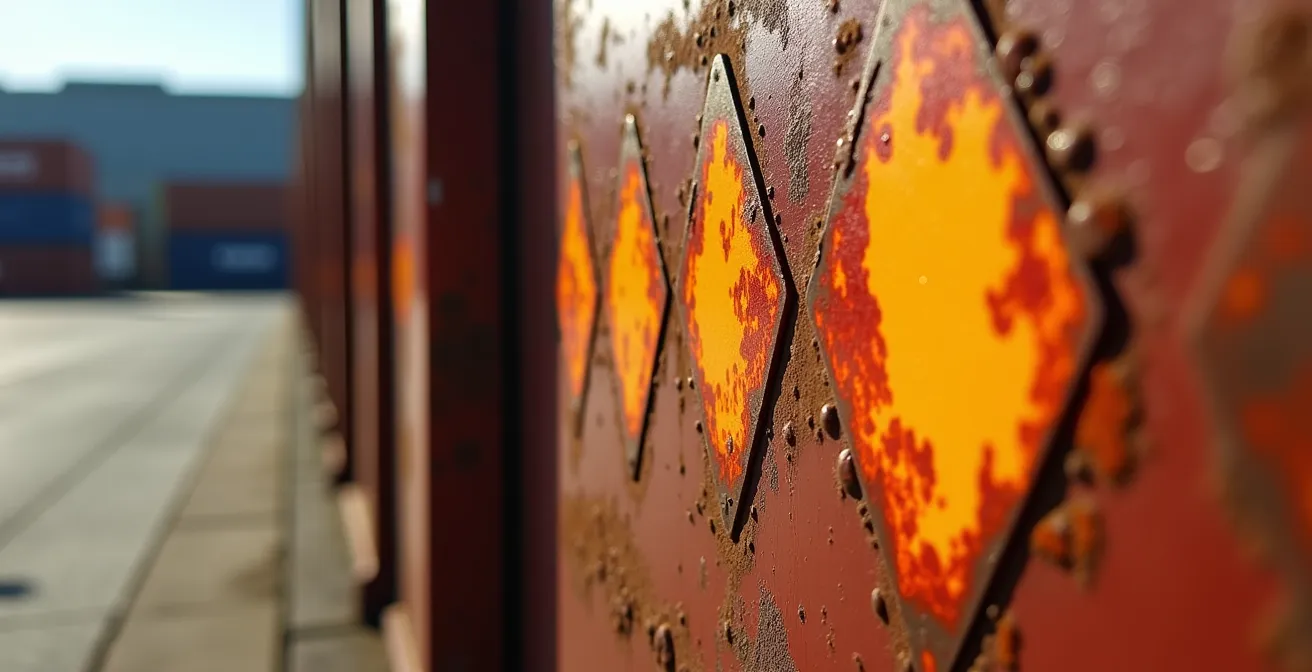 Inspection détaillée d'étiquettes de danger sur conteneur