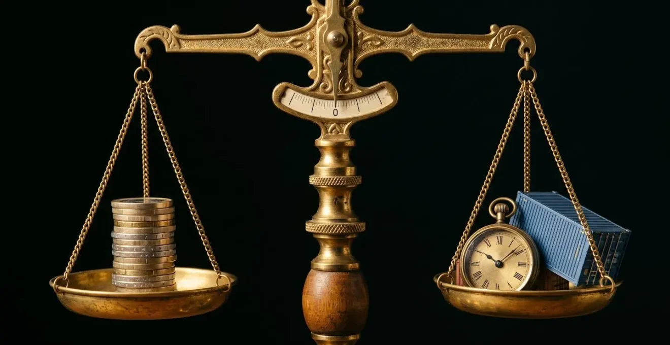 Balance de précision dorée vintage en équilibre sur fond noir, avec pièces d'euro sur un plateau et mini-horloge plus mini-conteneur sur l'autre, éclairée en clair-obscur dramatique