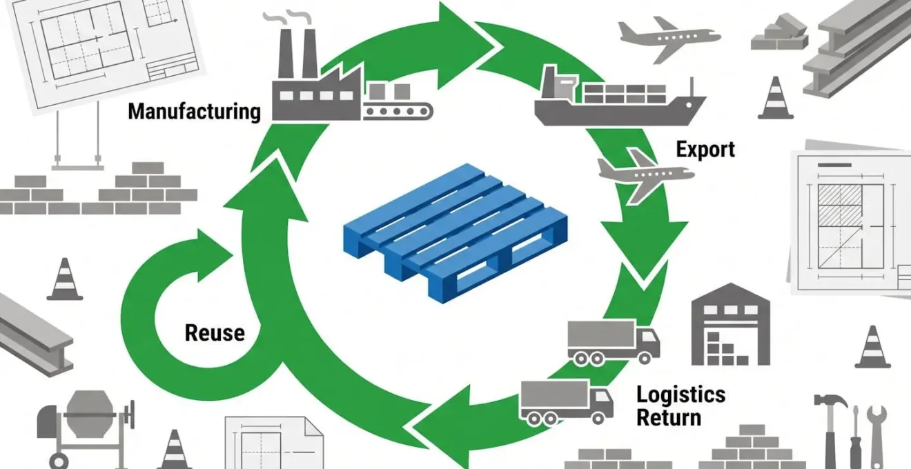 Diagramme circulaire en design plat montrant le cycle de vie d'une palette plastique : fabrication, exports multiples, retour logistique et réutilisation via flèches vertes formant une boucle