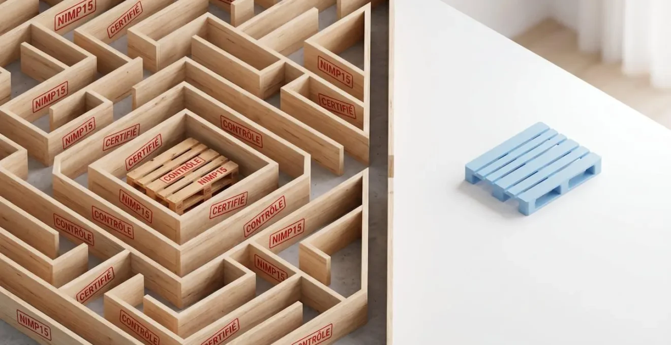Illustration 3D isométrique d'un labyrinthe en bois avec tampons administratifs NIMP15 et palette bois coincée au centre, contrastant avec une palette plastique bleue libre sur surface dégagée à l'extérieur