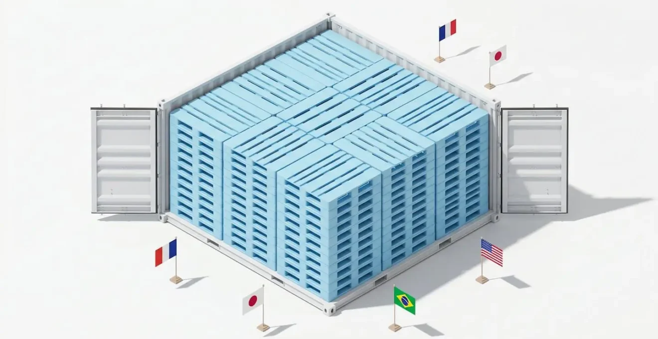 Vue aérienne isométrique d'un conteneur maritime ouvert contenant des palettes plastique bleues empilées symétriquement, entourées de mini-drapeaux internationaux sur fond blanc immaculé